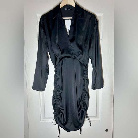 NWT Zara Sexy Black Ruched NYC Dress Size Small Sexy Fitted Cocktail Night Out - Picture 10 of 13
